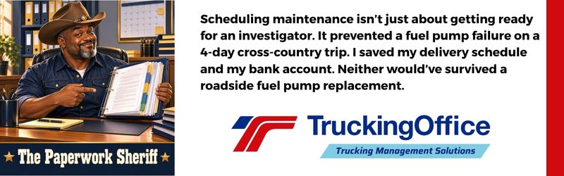 Tracking maintenance isn’t just about getting ready for an investigator. I prevented a fuel pump failure on a 4-day cross-country trip. I saved my delivery schedule and my bank account. Neither would’ve survived a roadside fuel pump replacement.