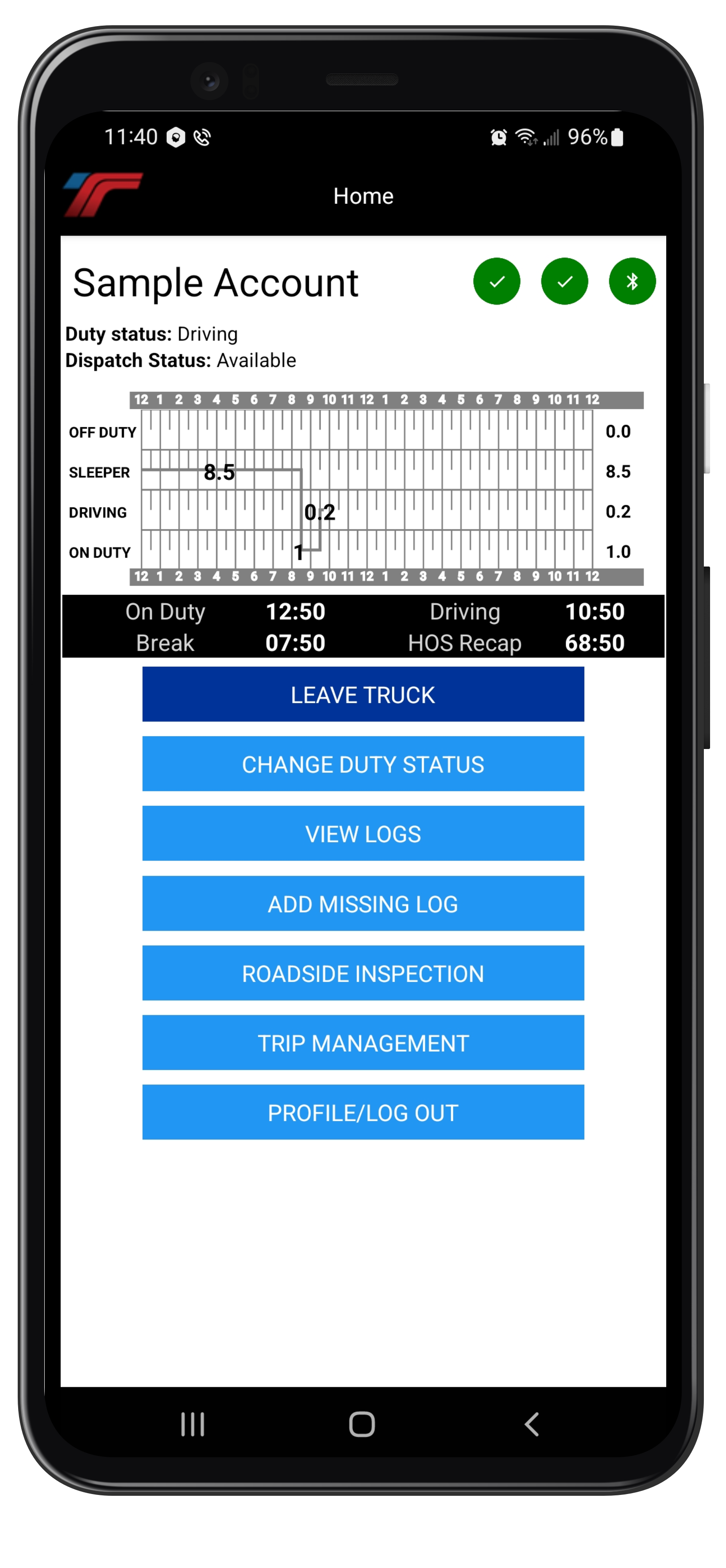 TruckingOffice ELD Mobile app dashboard