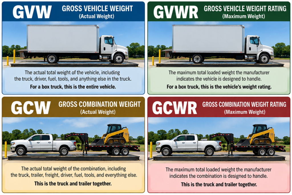 Comparison of GVW, GVWR, GCW, and GCWR using a box truck and a pickup pulling a gooseneck trailer. TruckingOffice ELD